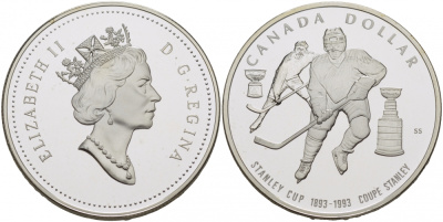 Канада 1 доллар 1993 кубок Стенли по хоккею с шайбой KM 235 серебро PROOF 1087-6-34