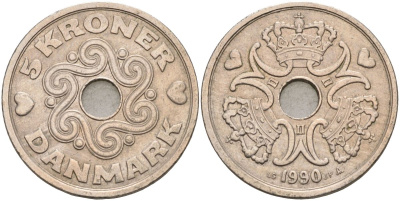 Дания 5 крон 1990 Маргрете II (1973-1988) KM 869 медно-никель 4593-924