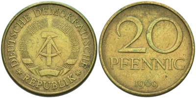 ГДР 20 пфеннигов 1969 А, первый год KM 11 латунь 4571-632