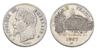 Франция 50 сантимов 1867 Наполеон III (1852-1870) KM 814.2 серебро 4169-1134