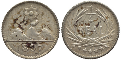 Гватемала 1/4 реала 1897 5 звезд, Испанское правление KM 162 серебро 4549-532