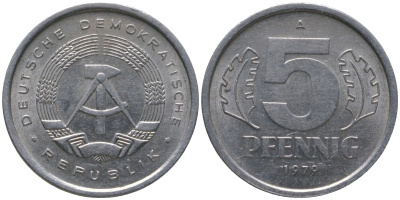 ГДР 5 пфеннигов 1979 A KM 9.2 алюминий 206-615