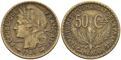 Французский Камерун 50 сантимов 1925 (а), монетный двор Париж KM 1 алюминиевая бронза 4164-1237