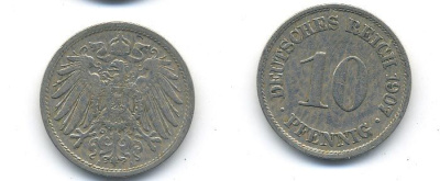 Германия 10 пфеннигов 1907 A KM 12, J. 13 медно-никель 58-254