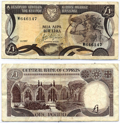 Кипр 1 фунт 1987 1 апреля 1987 Pick 53 a бумага 8564-53-2-2