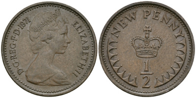 Великобритания 1/2 пенни 1971 Елизавета II (1952-2022) KM 914, Spink 4239 бронза 176-611