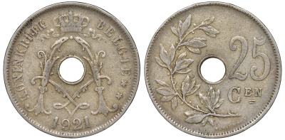 Бельгия 25 сантимов 1921 KM 69 медно-никель 217-713