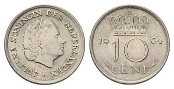 Нидерланды 10 центов 1964 Юлиана (1948-1980) KM 182 никель 4679-1264