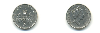 Великобритания 5 пенсов 1990 Елизавета II (1952-2022) KM 937b, Spink 4372 (D4) медно-никель 59-633