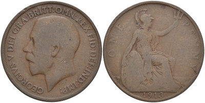 Великобритания 1 пенни 1913 Георг V (1910-1936) KM 810, Spink 4051 бронза 4557-943