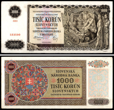 Словакия 1000 крон 1940 Pick 13 бумага aUNC 451-641-1