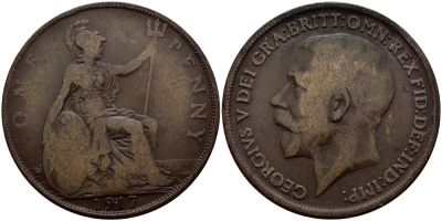Великобритания 1 пенни 1917 Георг V (1910-1936) KM 810, Spink 4051 бронза 4385-332