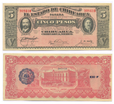 МЕКСИКА 5 ПЕСО 1915 ЧИХУАХУА, CHIHUANUA Pick S532A бумага аUNC 2192-8-1-1
