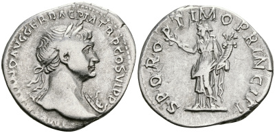 Римская Империя денарий 112 - 114 Траян SPQR OPTIMO PRINCIPI Фелицитата, персонификация Счастья Рим Very fine RIC 271 серебро 1073-4-1-4