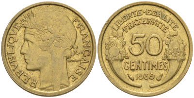 ФРАНЦИЯ 50 САНТИМОВ 1939 ТИП MORLON KM 894.1, LE FRANC 192.15 алюминиевая бронза 44-839