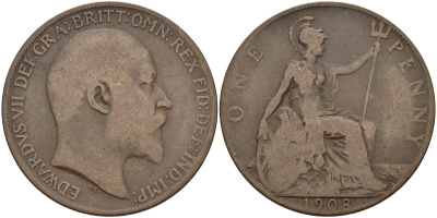 Великобритания 1 пенни 1908 Эдуард VII (1901-1910) KM 794.2, Sp 3990 бронза 4144-742