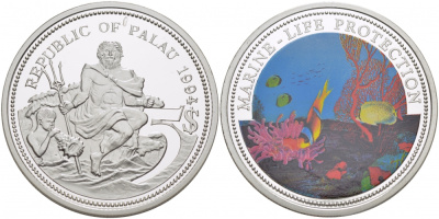 Палау 5 долларов 1994 две рыбки, цветная эмаль KM 6 серебро PROOF 04-174-15