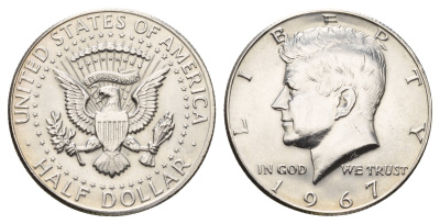 США 1/2 доллара (50 центов) 1967 Джон Кеннеди KM 202a серебро UNC 4672-514