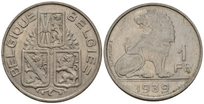 Бельгия 1 франк 1939 Belgique - Belgie KM 119 никель 4603-1247