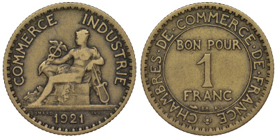 Франция 1 франк 1921 тип Chambres de Commerce KM 876, Le Franc 218.3 алюминиевая бронза 4128-255