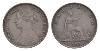 Великобритания 1 фартинг 1861 Виктория (1837-1901) KM 747.2, Spink 3958 бронза 4630-144