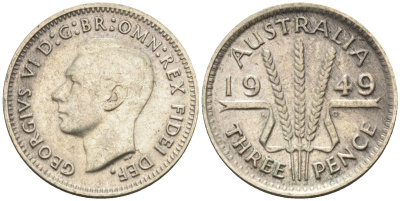 Австралия 3 пенса 1949 KG, Георг VI (1937-1952) KM 44 серебро 4585-259