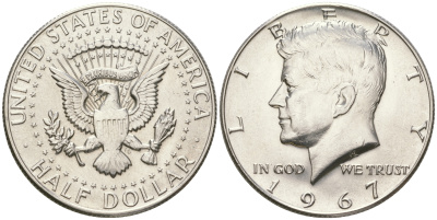 США 1/2 доллара (50 центов) 1967 Джон Кеннеди KM 202a серебро  UNC  4178-916