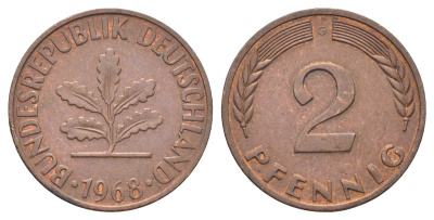 ФРГ 2 пфеннига 1968 G KM 106a, J.381a сталь плакированная медью 4697-551