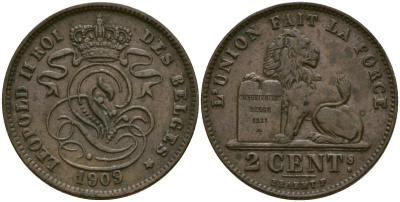 Бельгия 2 сантима 1909 Belges KM 35 медь 4135-952