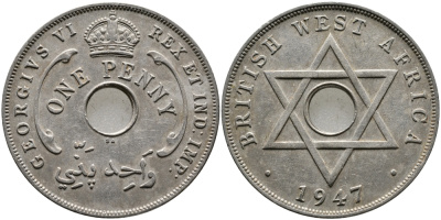 Британская Западная Африка 1 пенни 1947 Георг VI (1937-1952) KM 19 медно-никель 1523-613