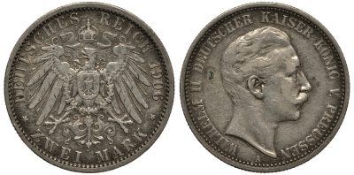 Пруссия 2 марки 1906 A, Вильгельм II (1888-1918) J.102, Weege 101, KM 522 серебро 3711-744
