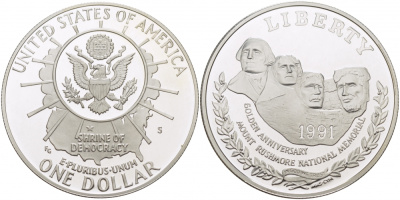 США 1 доллар 1991 S, 50 лет мемориалу президентов, гора Рашмор KM 229 серебро PROOF 1080-5-31