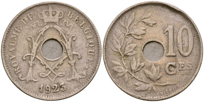 Бельгия 10 сантимов 1923 Король Альберт I (1910 - 1934) KM 85 медно-никель 183-411