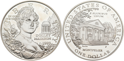 США 1 доллар 1999 Р, ДОЛЛИ МЭДИСОН KM 298 серебро PROOF 00-00