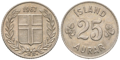 Исландия 25 эйре 1967 KM 11 медно-никель UNC 4611-422