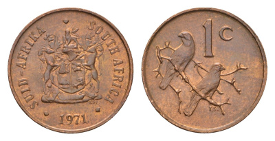 ЮАР 1 цент 1971 герб, капские воробьи KM 82 бронза UNC 4669-1224