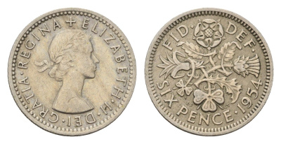 Великобритания 6 пенсов 1954 Елизавета II (1952-2022) KM 903, Spink 4149 медно-никель 100-354