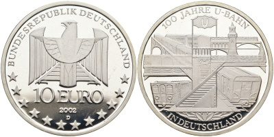 ФРГ 10 евро 2002 D, 100 лет немецкому метро KM 216, DE.S. 10.2 серебро PROOF 02-070-42