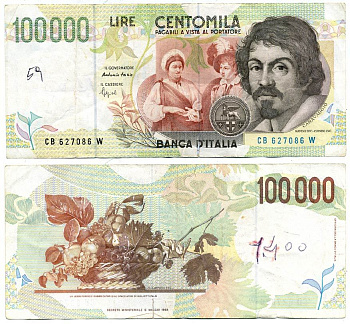 Италия 100000 лир 1994 Караваджо Pick 117a бумага 7551-41-3-2