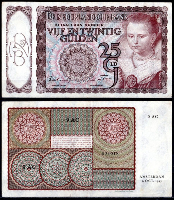 Нидерланды 25 гульденов 1943 "Молодая женщина" (Паулюс Морельс) Pick 60 бумага 451-1134-2