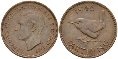 Великобритания 1 фартинг 1946 Георг VI (1936-1952) KM 843, Spink 4116 бронза 4154-261