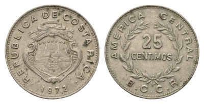 Коста-Рика 25 сентимо 1972 год-тип KM 188.2 медно-никель 4698-347