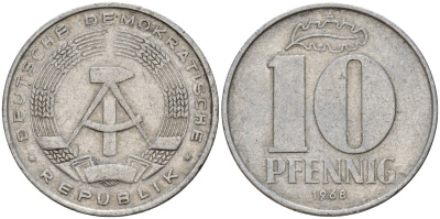 ГДР 10 пфеннигов 1968 A KM 10 алюминий 55-215