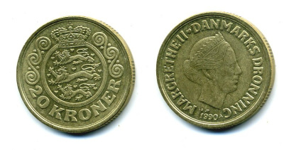 ДАНИЯ 20 КРОН 1990 LG; JP; A, МАРГРЕТЕ II (1972-) KM 871 алюминиевая бронза 25-842