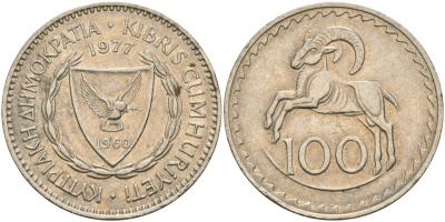 Кипр 100 милсов 1977 европейский муфлон KM 42 медно-никель 4168-214