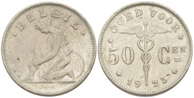 БЕЛЬГИЯ 50 САНТИМОВ 1923 BELGIE KM 88 никель 261-1667