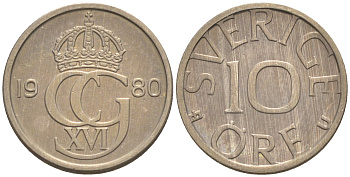 Швеция 10 эре 1980 Карл XVI Густав (1973- ) KM 850 медно-никель UNC 187-829