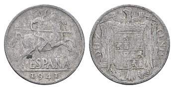Испания 10 сентимо 1941 рыцарь на коне, Франсиско Франко (1939-1975) KM 766 алюминий 4703-251