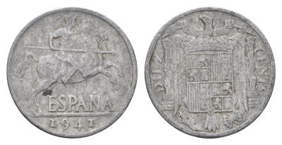 Испания 10 сентимо 1941 рыцарь на коне, Франсиско Франко (1939-1975) KM 766 алюминий 4703-251