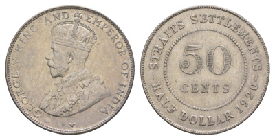 Стрейтс-Сетлментс (Стрейтс Сетлментс) 50 центов 1920 Георг V (1910-1936) KM 35 серебро 1522-524